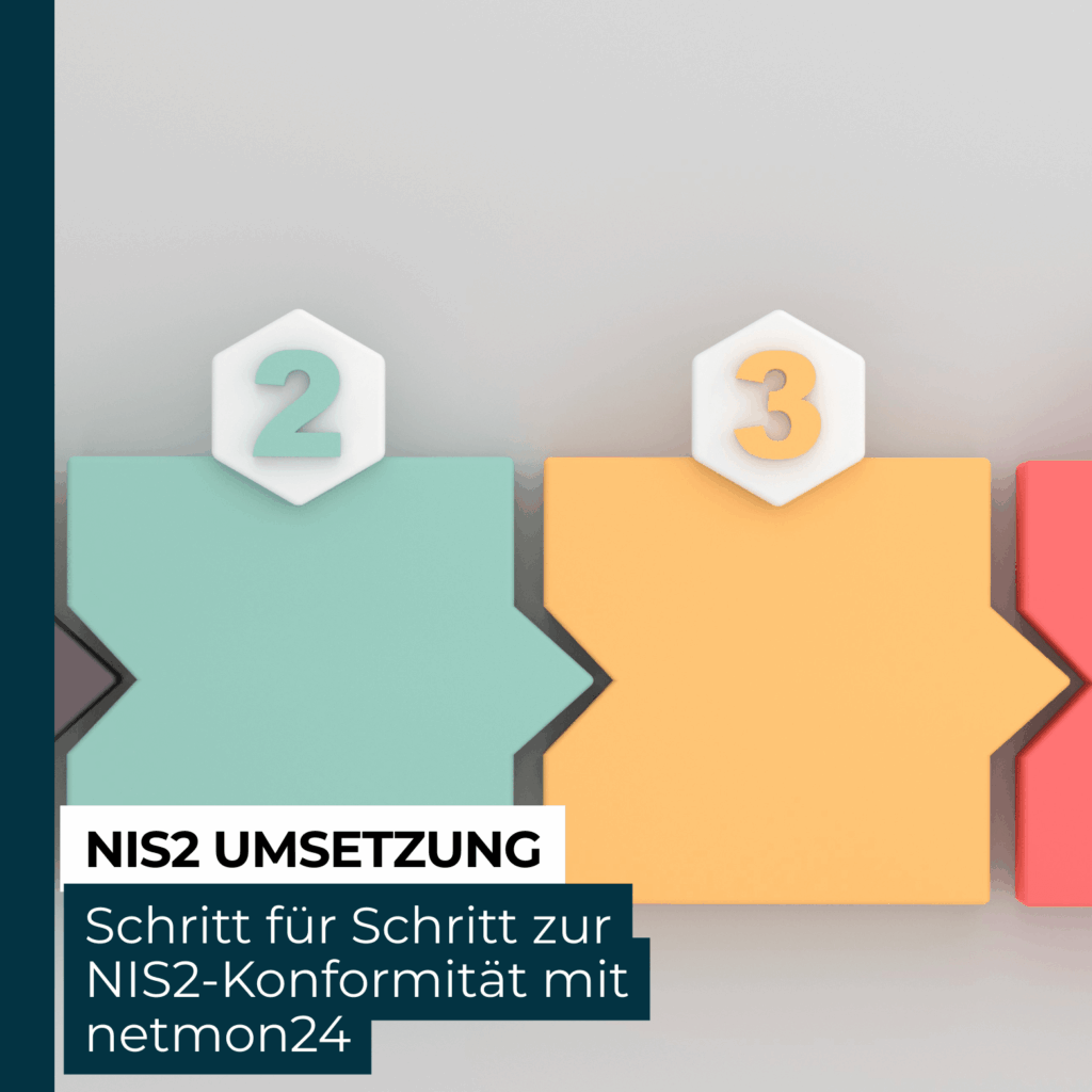 Grafische Darstellung einer NIS2-Umsetzung in mehreren Schritten mit Hinweis auf NIS2-Konformität für Unternehmen