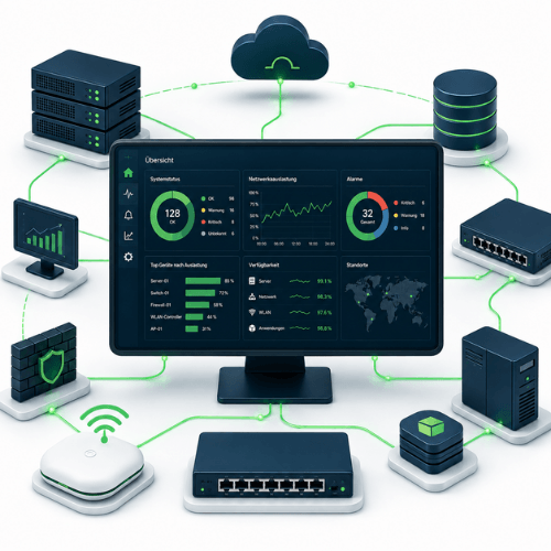 Illustration eines zentralen Monitoring-Dashboards für Netzwerk und IT-Infrastruktur