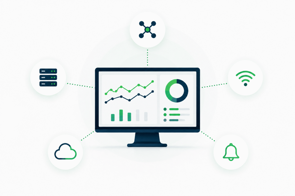 Illustration eines Monitoring-Dashboards mit Netzwerk, Server, WLAN und Cloud