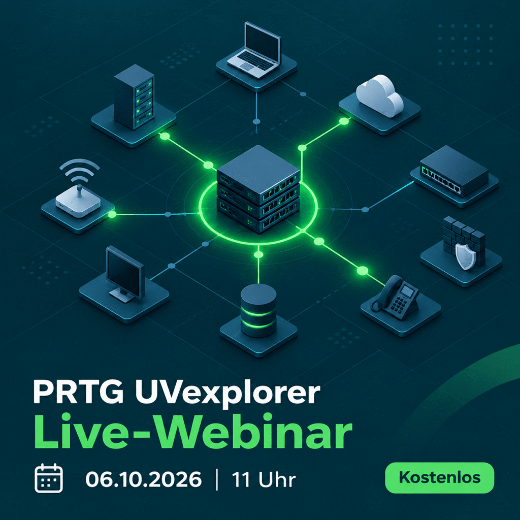 Grafik zum PRTG UVexplorer Live-Webinar mit stilisierter Netzwerkübersicht und dem Hinweis auf den Termin am 06.10.2026 um 11 Uhr.